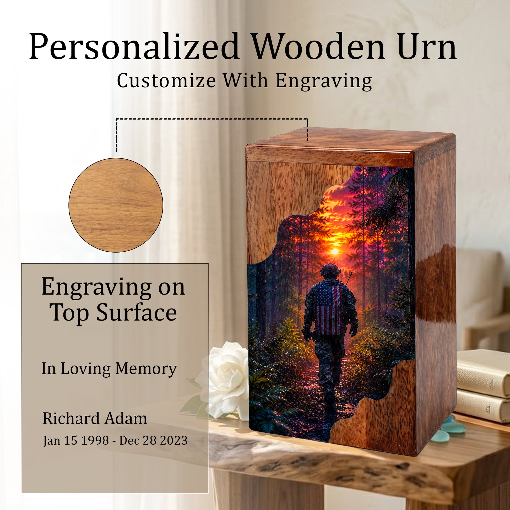 Military Memorial Wooden Cremation Urn – Patriotic Tribute Urn