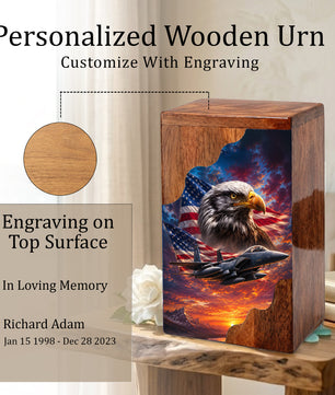 Military Eagle Wooden Cremation Urn for Human Ashes| American Flag Patriotic Funeral Urn