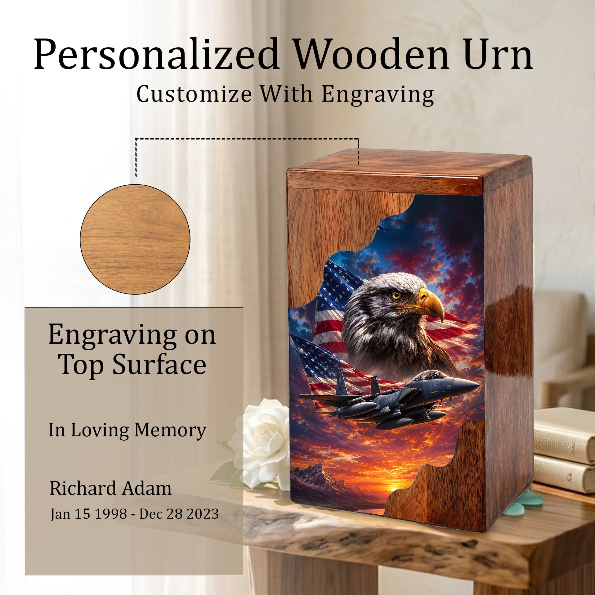 Military Eagle Wooden Cremation Urn for Human Ashes| American Flag Patriotic Funeral Urn