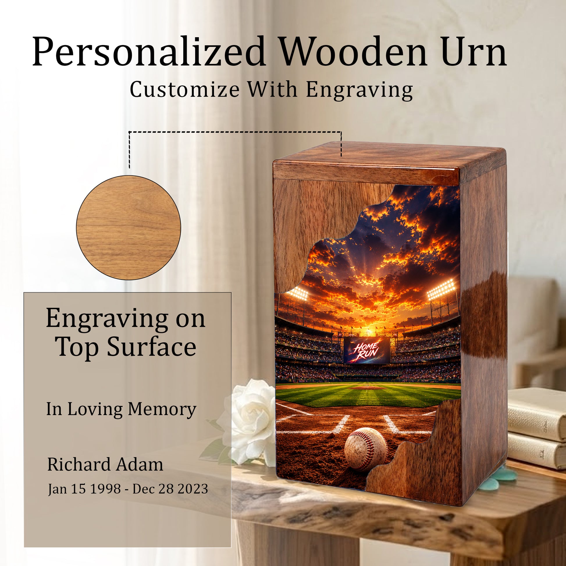 Baseball Wooden Cremation Urn – Wooden Urn for Human Ashes
