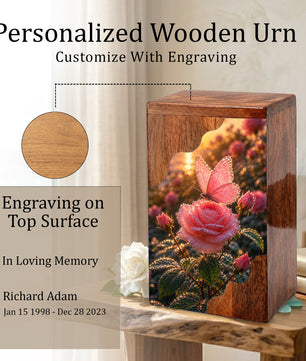 Pink Rose & Butterfly Wooden Cremation Urn – Personalized Memorial Urn for Human Ashes