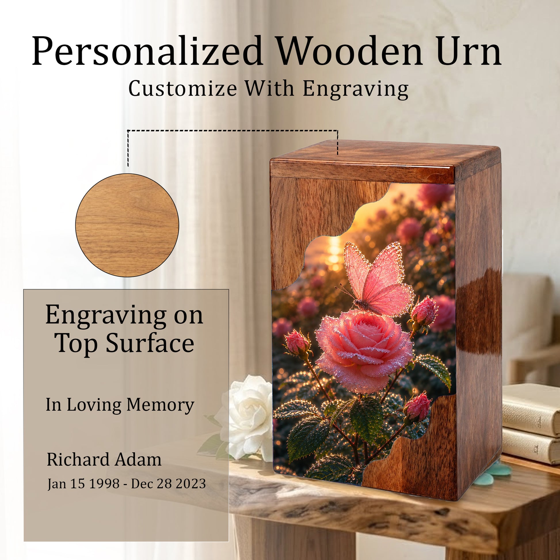Pink Rose & Butterfly Wooden Cremation Urn – Personalized Memorial Urn for Human Ashes