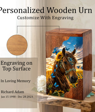 Horse Wooden Cremation Urn – Butterfly & Sunflower Memorial Urn for Ashes