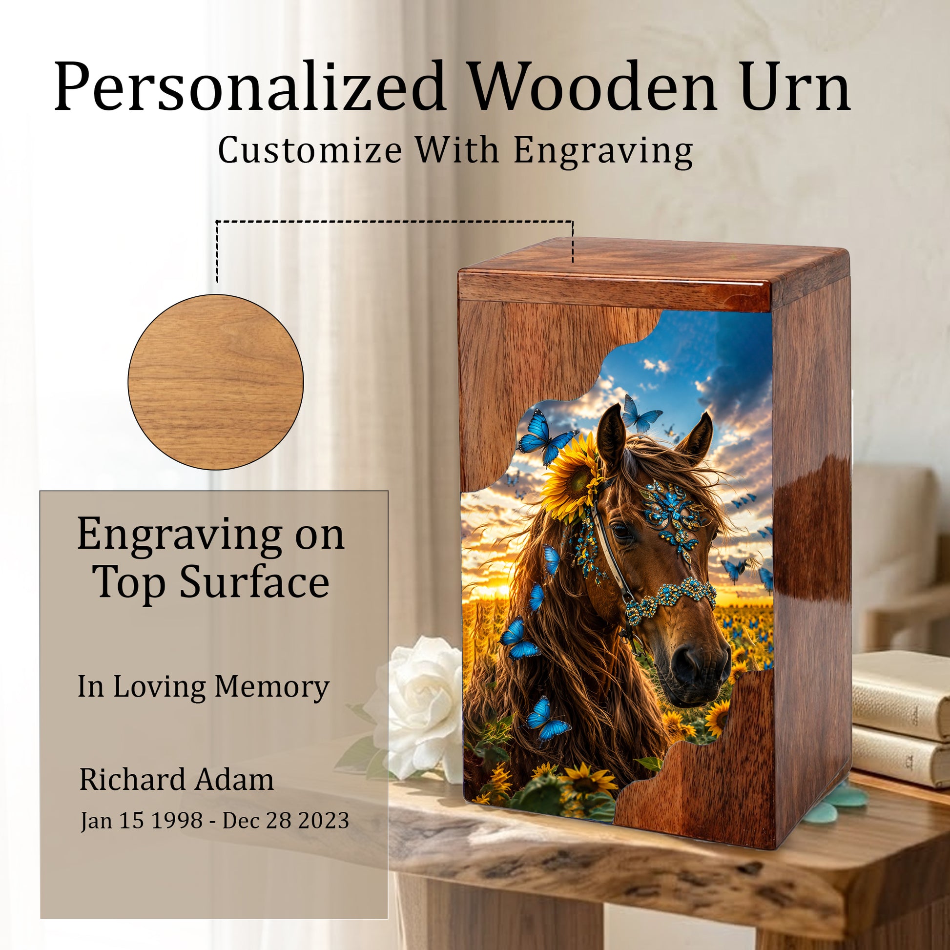 Horse Wooden Cremation Urn – Butterfly & Sunflower Memorial Urn for Ashes