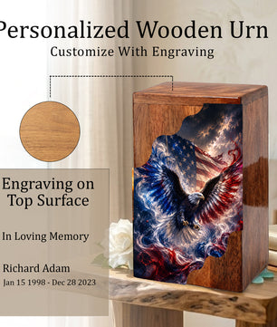 American Eagle Wooden Cremation Urn | Patriotic Veteran Urn for Dad