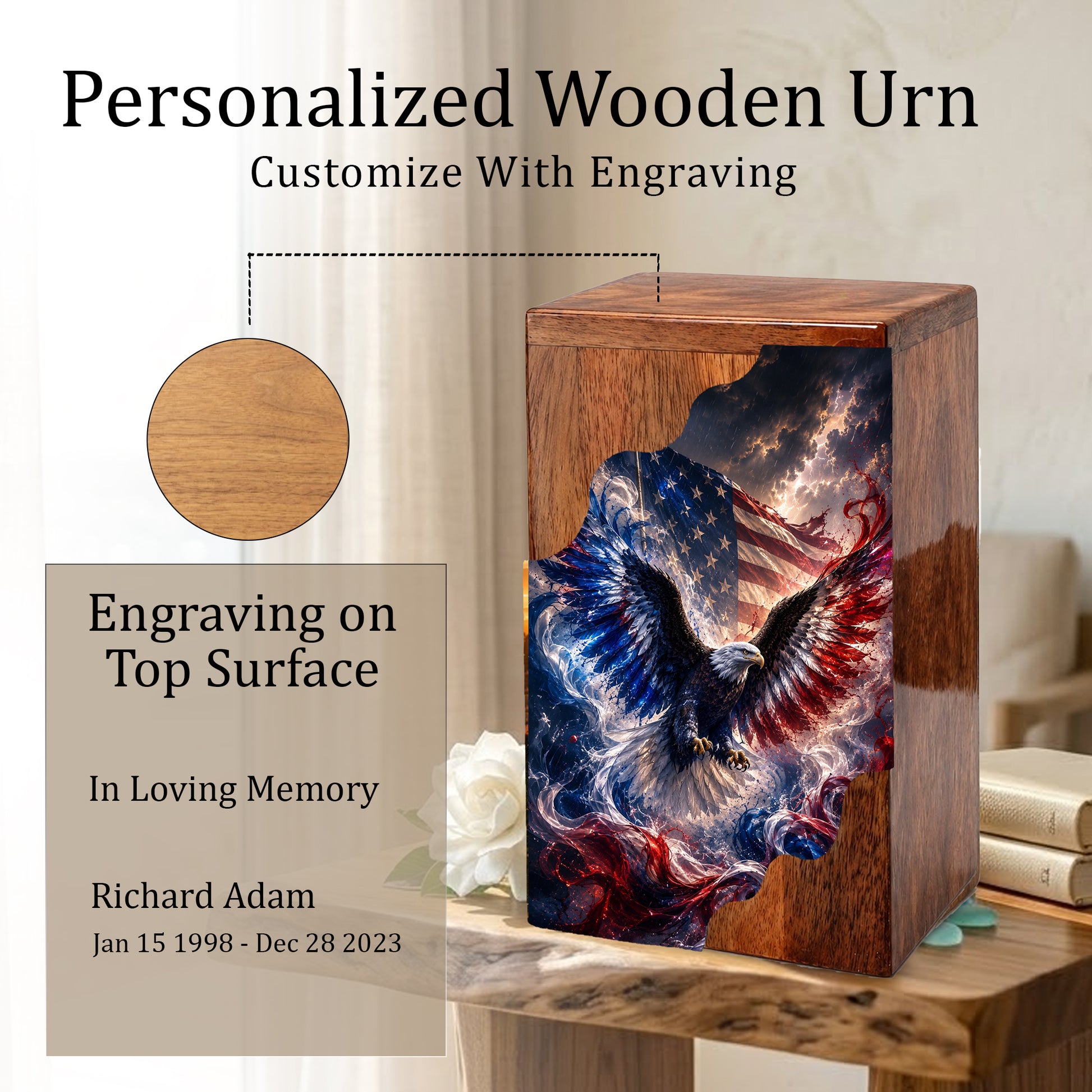 American Eagle Wooden Cremation Urn | Patriotic Veteran Urn for Dad