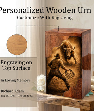 Western Cowboy Cremation Urn – Wooden Urn for Human Ashes