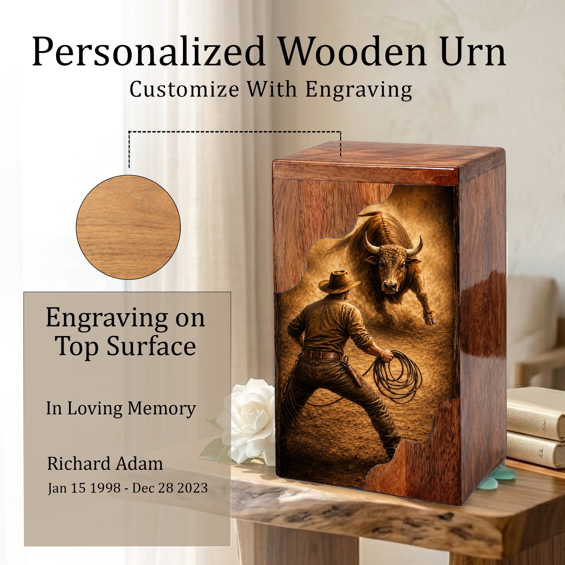 Western Cowboy Cremation Urn – Wooden Urn for Human Ashes