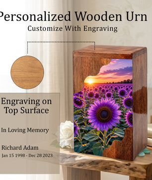 Purple Sunflower Cremation Urn for Mom | Wooden Urn for Human Ashes