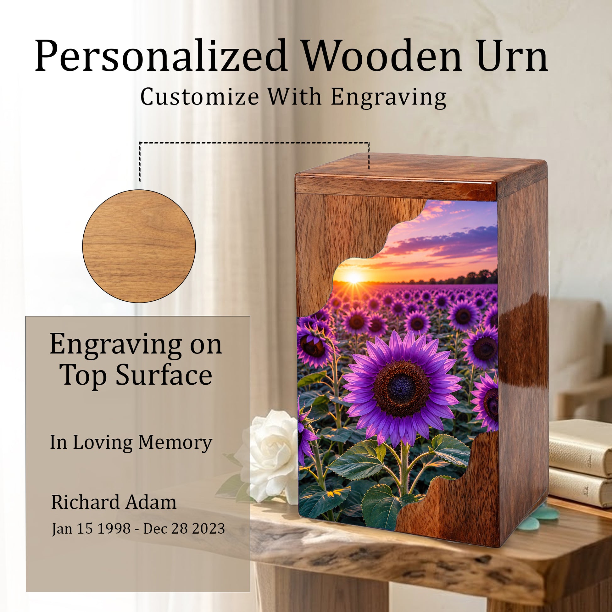 Purple Sunflower Cremation Urn for Mom | Wooden Urn for Human Ashes