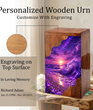 Violet Ocean Wooden Cremation Urn – Beach Theme Wooden Urn for Human Ashes