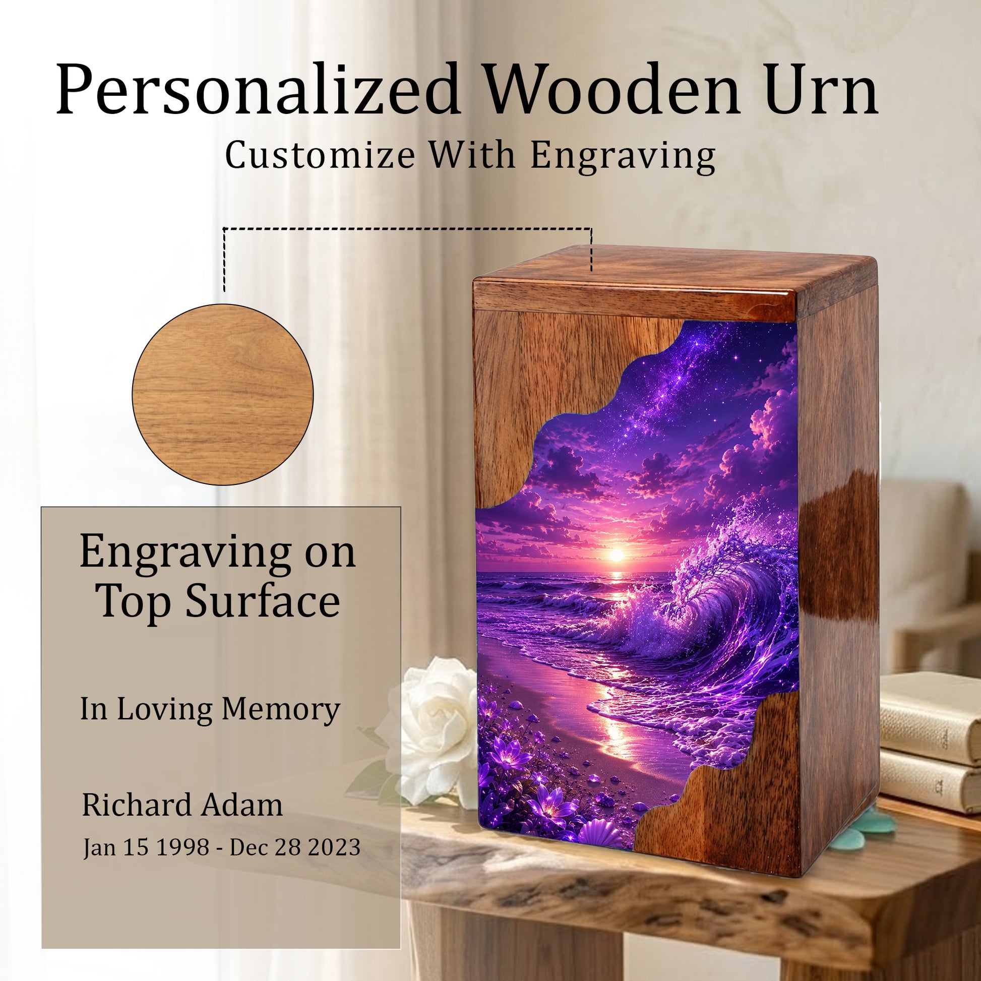 Violet Ocean Wooden Cremation Urn – Beach Theme Wooden Urn for Human Ashes