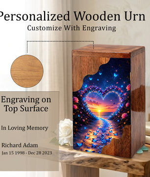 Butterfly Wooden Cremation Urn – Heart Sunset Memorial Urn for Human Ashes