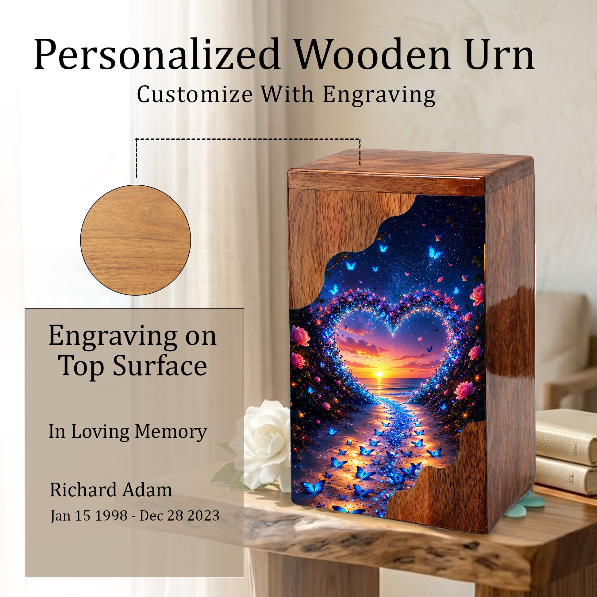 Butterfly Wooden Cremation Urn – Heart Sunset Memorial Urn for Human Ashes