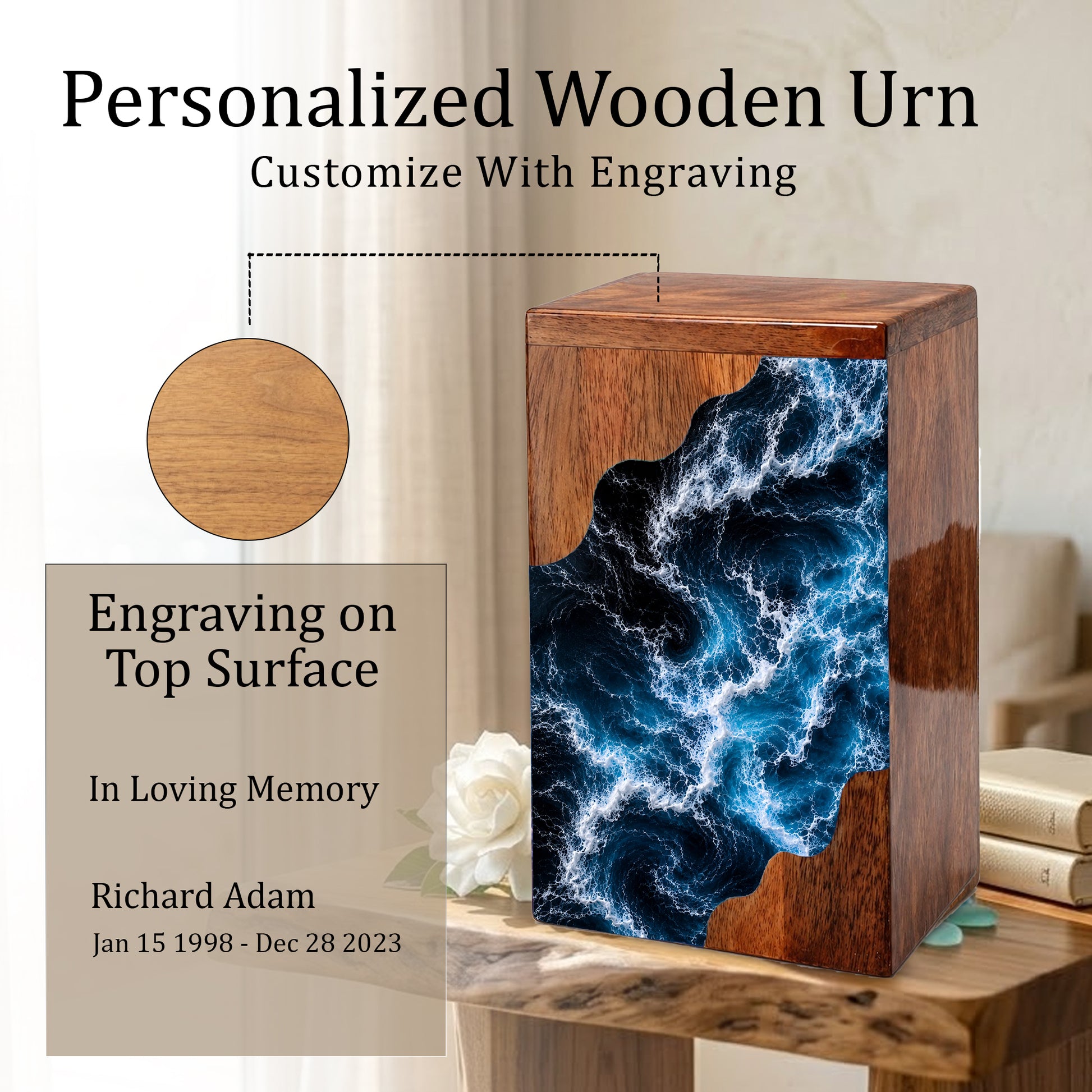 Wooden Ocean Wave Cremation Urn – Wooden Urn for Human Ashes