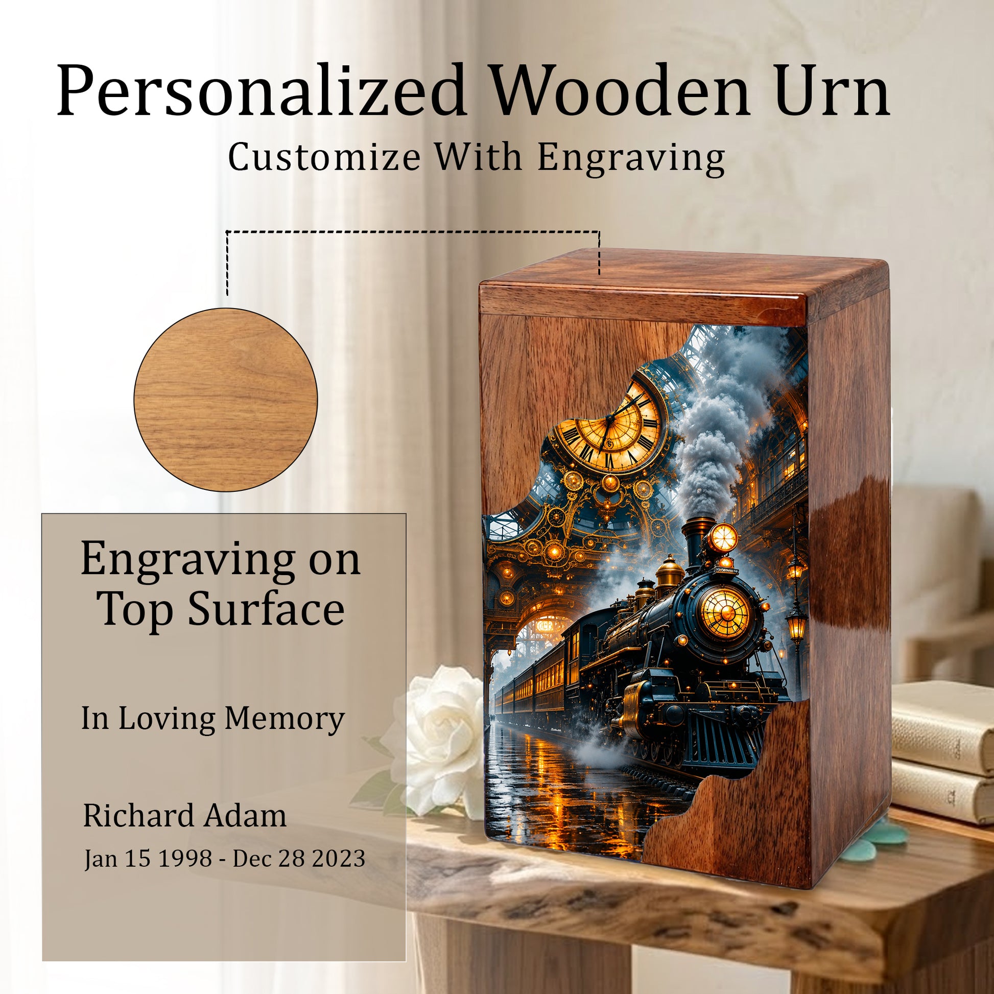 Steam Train Wooden Cremation Urn – Wooden Urn for Human Ashes
