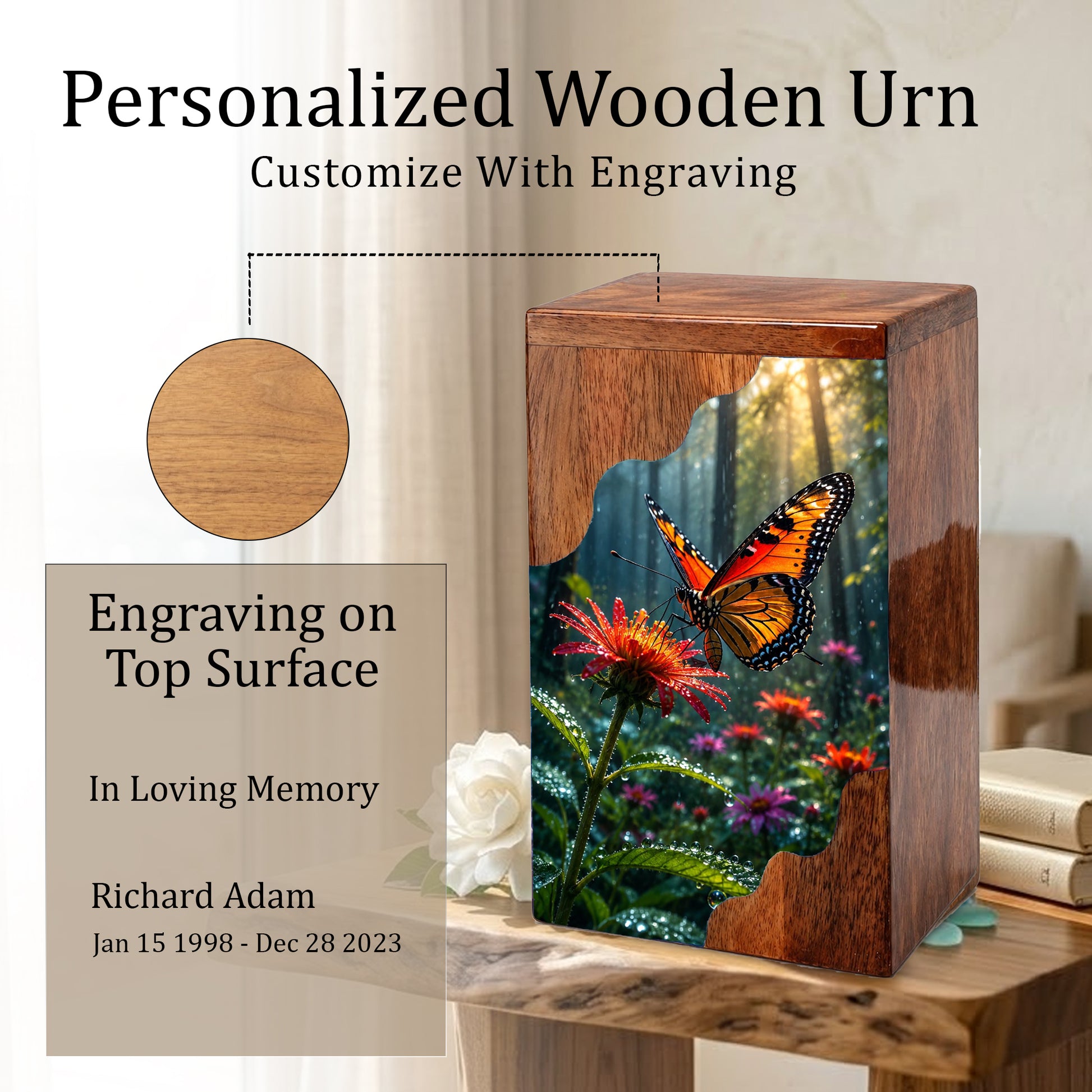 Butterfly Wooden Cremation Urn – Butterfly Memorial Urn for Human Ashes