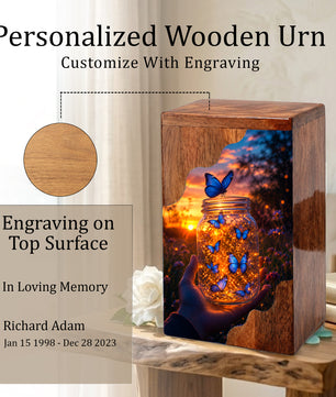 Butterfly Wooden Cremation Urn – Glowing Butterfly Memorial Urn for Human Ashes