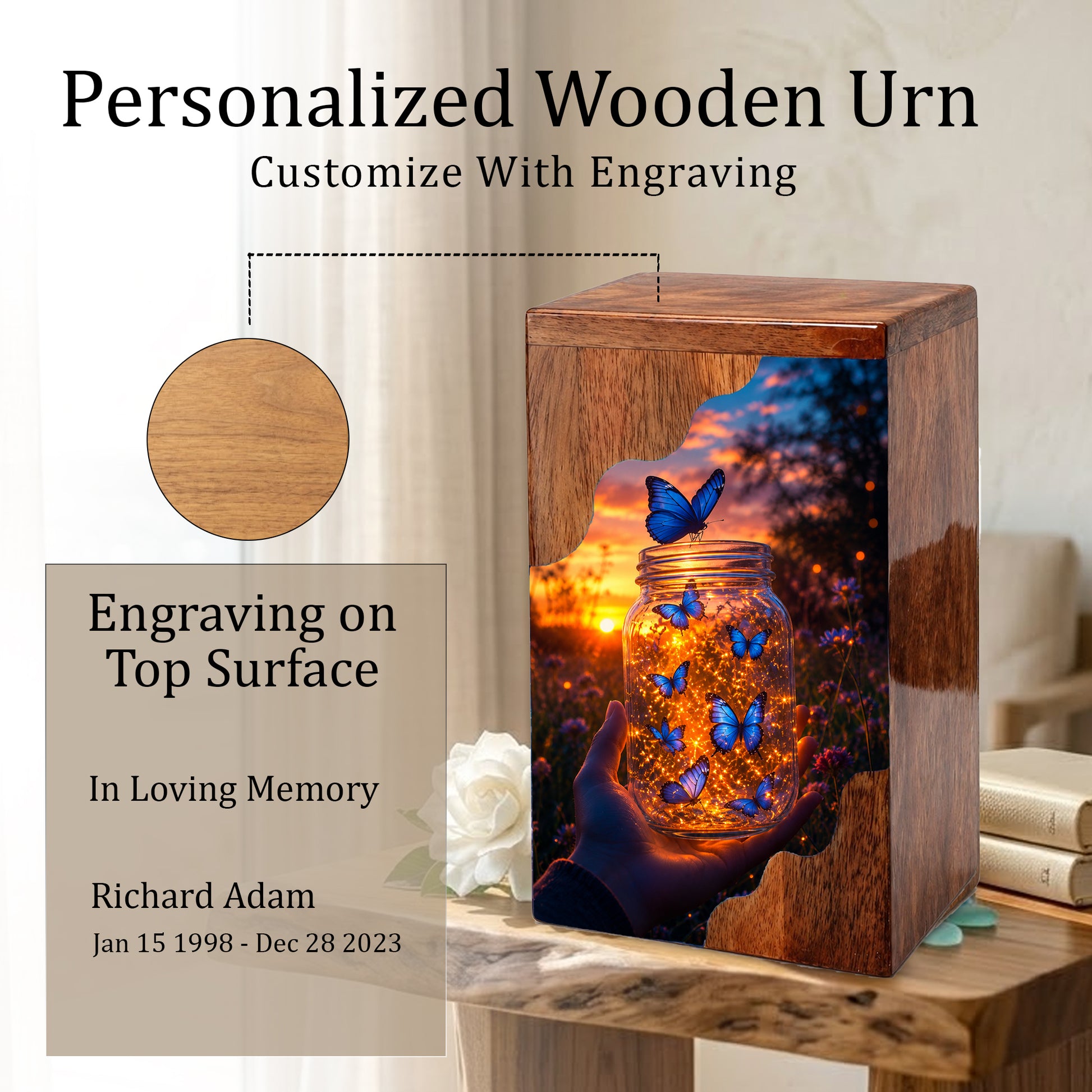 Butterfly Wooden Cremation Urn – Glowing Butterfly Memorial Urn for Human Ashes