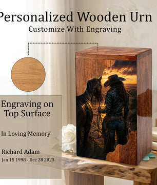 Western Horse Wooden Cremation Urn for Mom – Custom Memorial Urn for Human Ashes