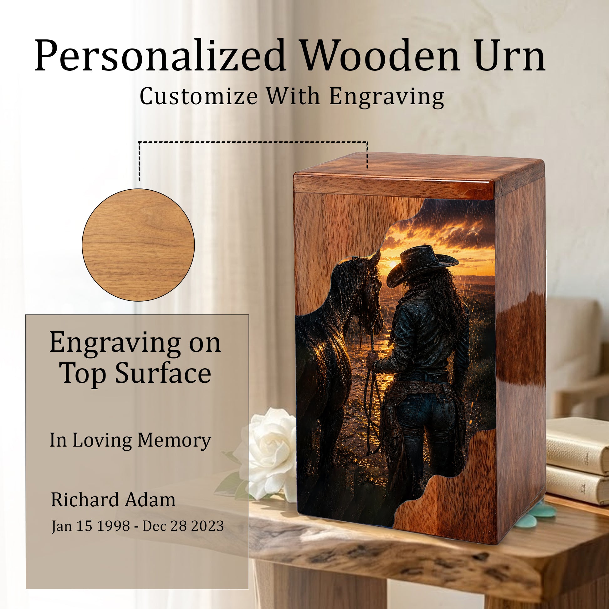 Western Horse Wooden Cremation Urn for Mom – Custom Memorial Urn for Human Ashes