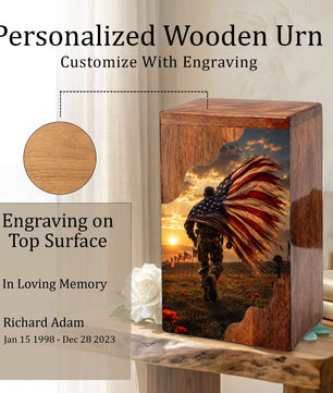 Military Wooden Cremation Urn for Dad | Personalized Veteran Urn for Human Ashes | American Flag Memorial Urn