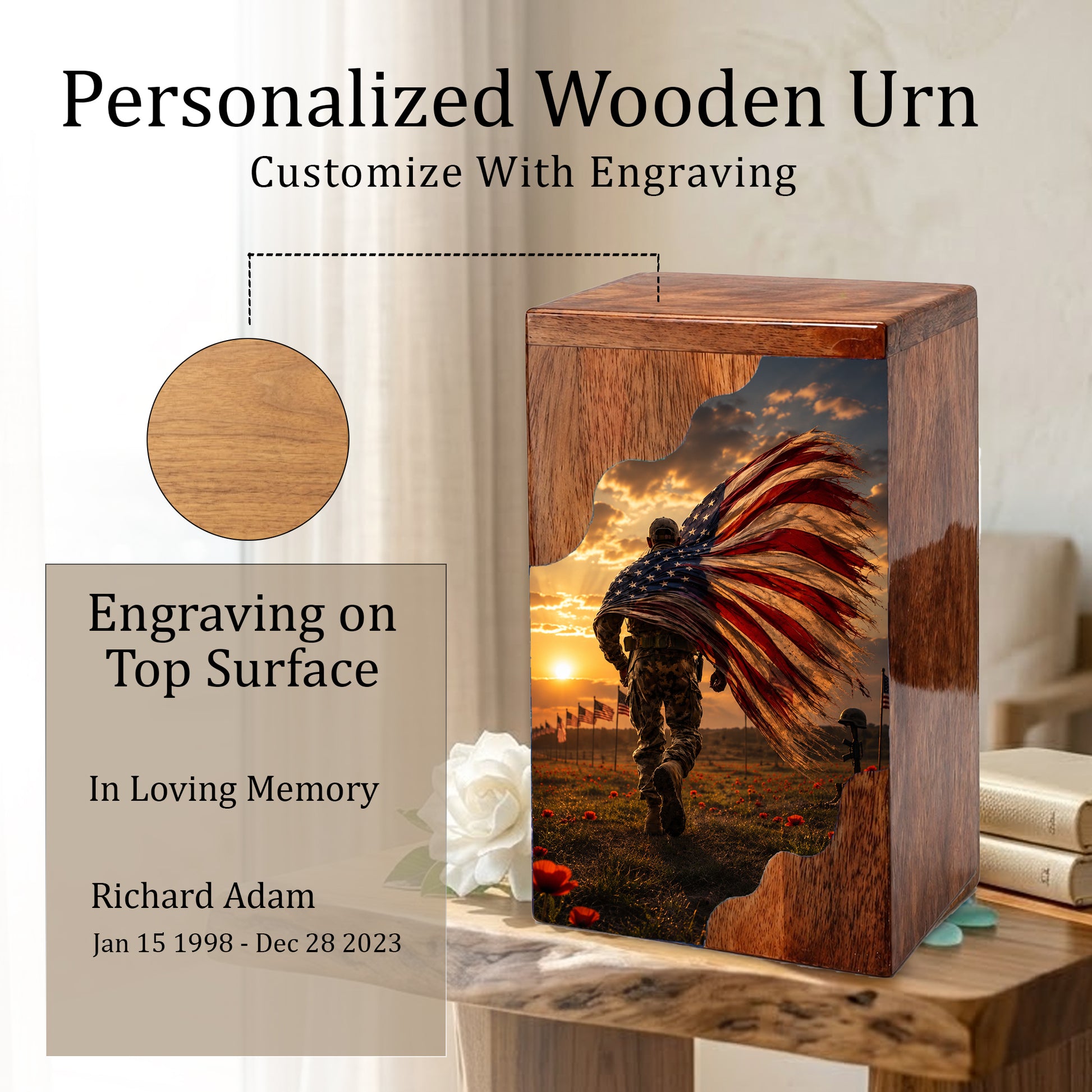 Military Wooden Cremation Urn for Dad | Personalized Veteran Urn for Human Ashes | American Flag Memorial Urn