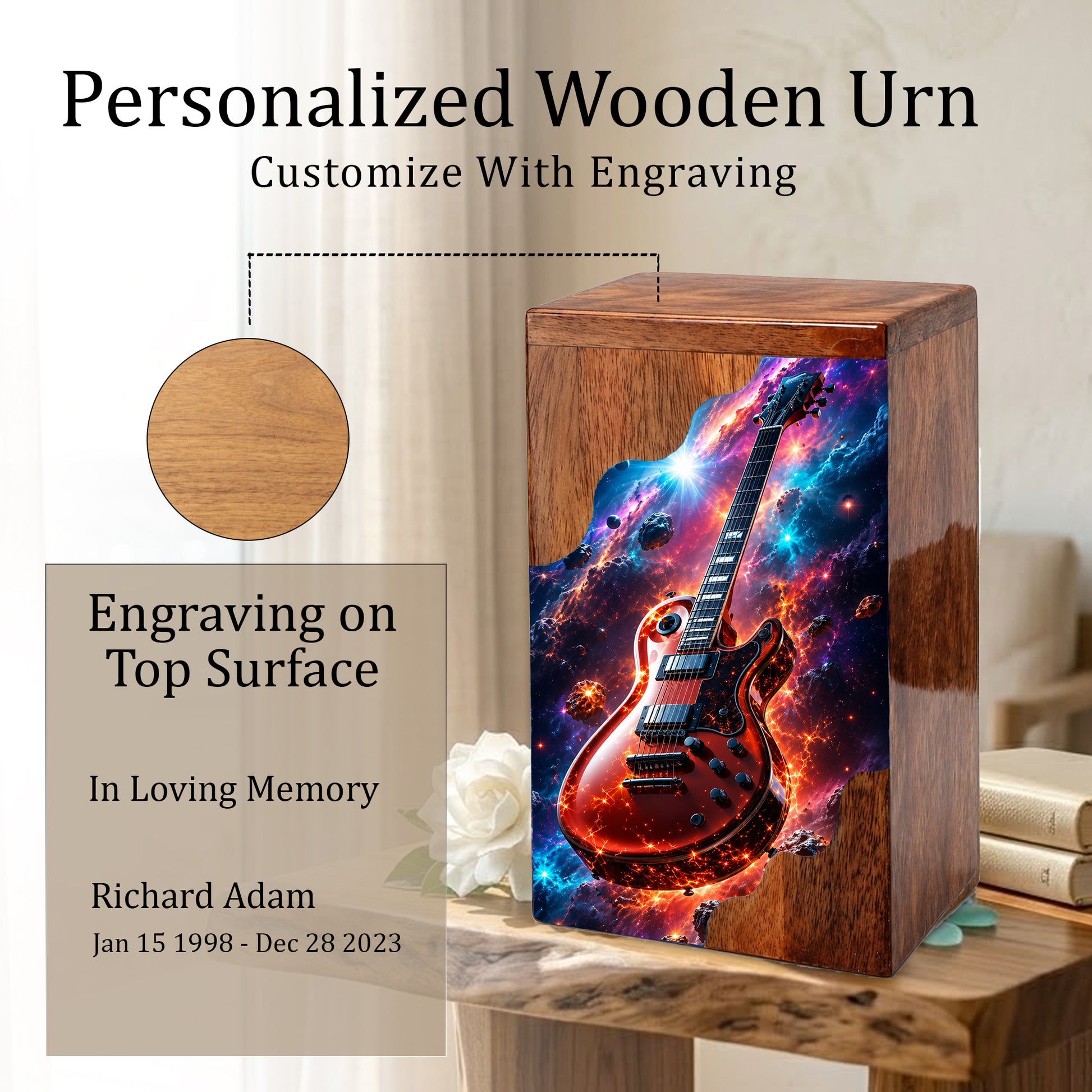 Guitar Wooden Cremation Urn – Wooden Urn for Human Ashes