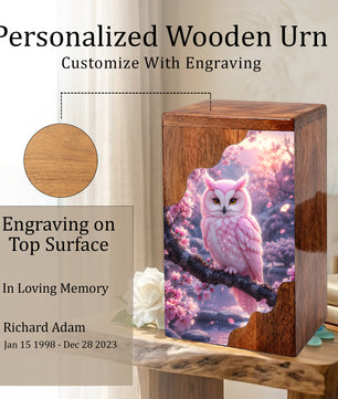 Pink Owl Wooden Cremation Urn – Cherry Blossom Memorial Urn