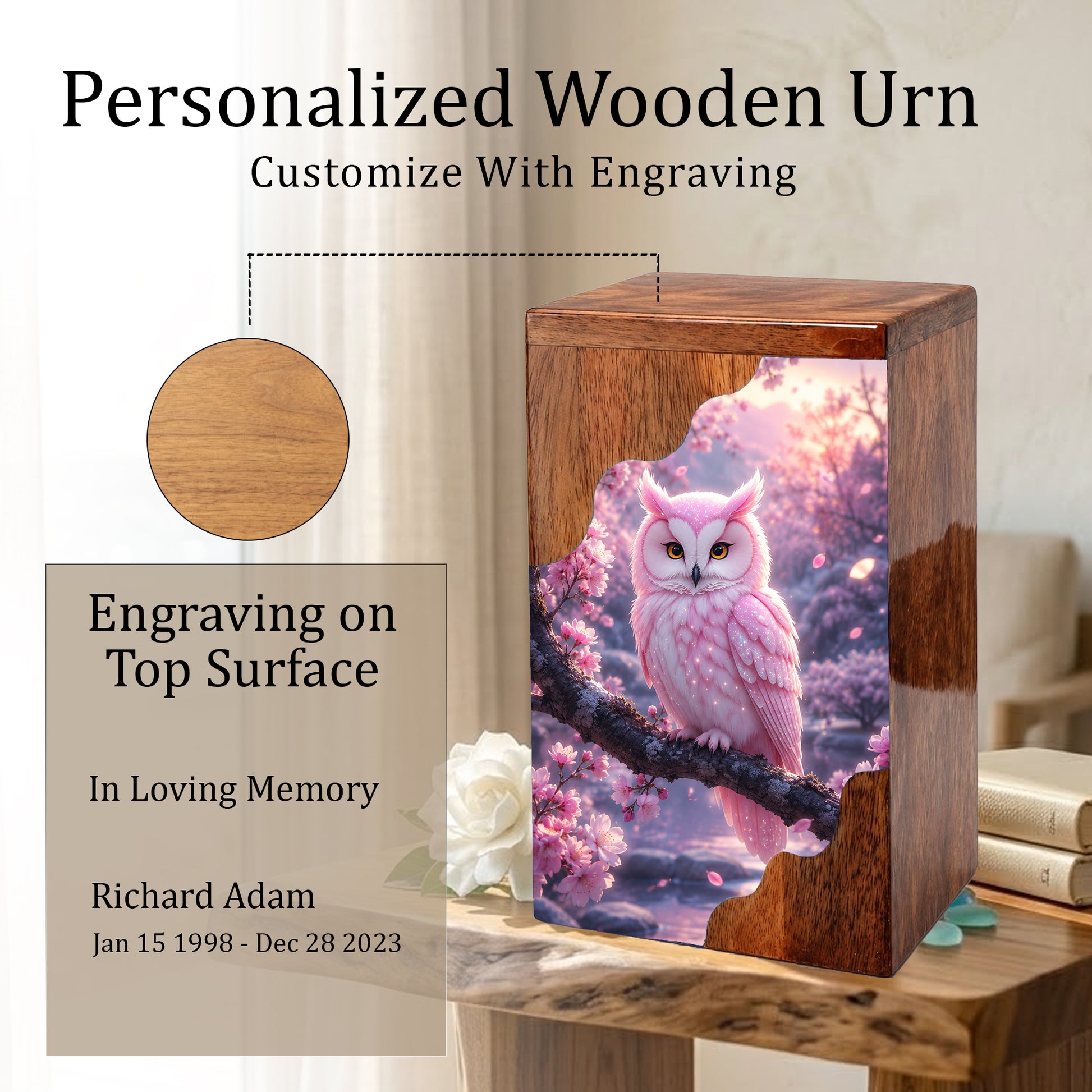 Pink Owl Wooden Cremation Urn – Cherry Blossom Memorial Urn