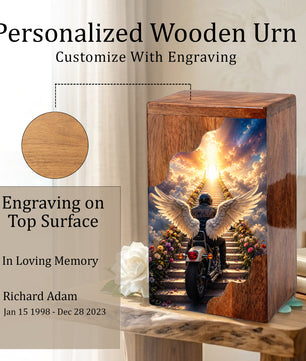 Motorcycle Heaven Wooden Cremation Urn – Ride Into Heaven Memorial Urn for Human Ashes