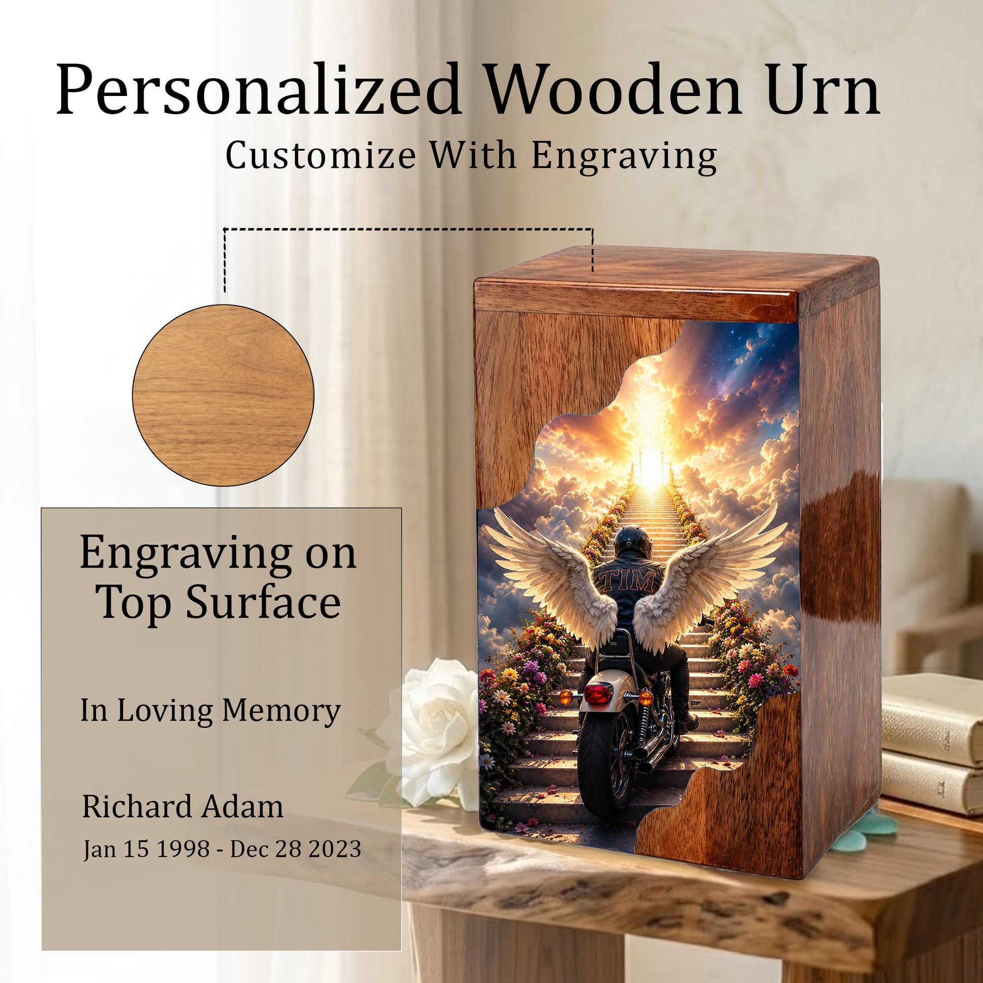 Motorcycle Heaven Wooden Cremation Urn – Ride Into Heaven Memorial Urn for Human Ashes