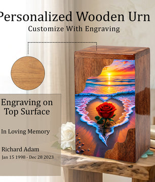 Rose Beach Wooden Cremation Urn – Sunset Ocean Memorial Urn for Human Ashes