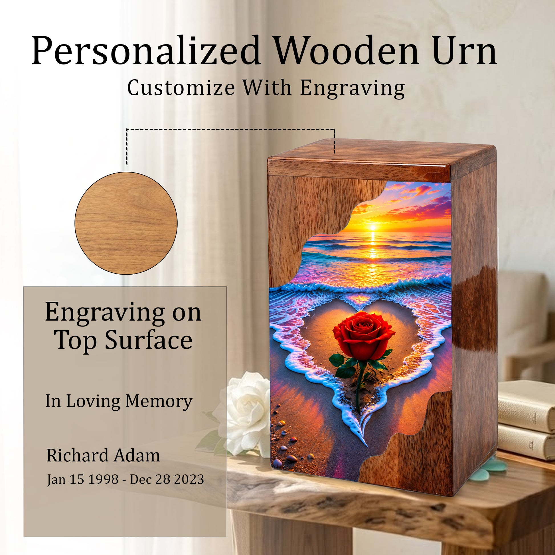 Rose Beach Wooden Cremation Urn – Sunset Ocean Memorial Urn for Human Ashes