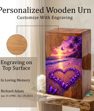 Purple Butterfly Beach Wooden Cremation Urn – Sunset Memorial Urn for Mom