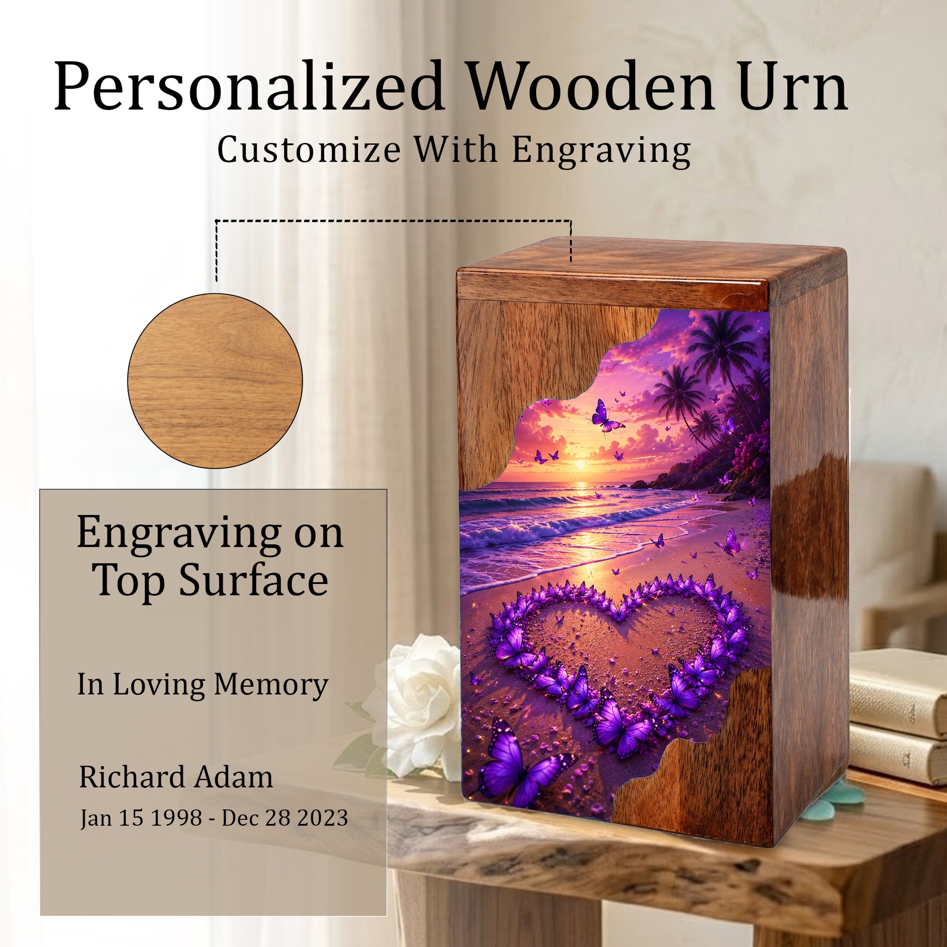 Purple Butterfly Beach Wooden Cremation Urn – Sunset Memorial Urn for Mom