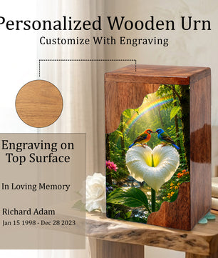 Rainbow Birds Wooden Cremation Urn – Personalized Memorial Urn for Human Ashes