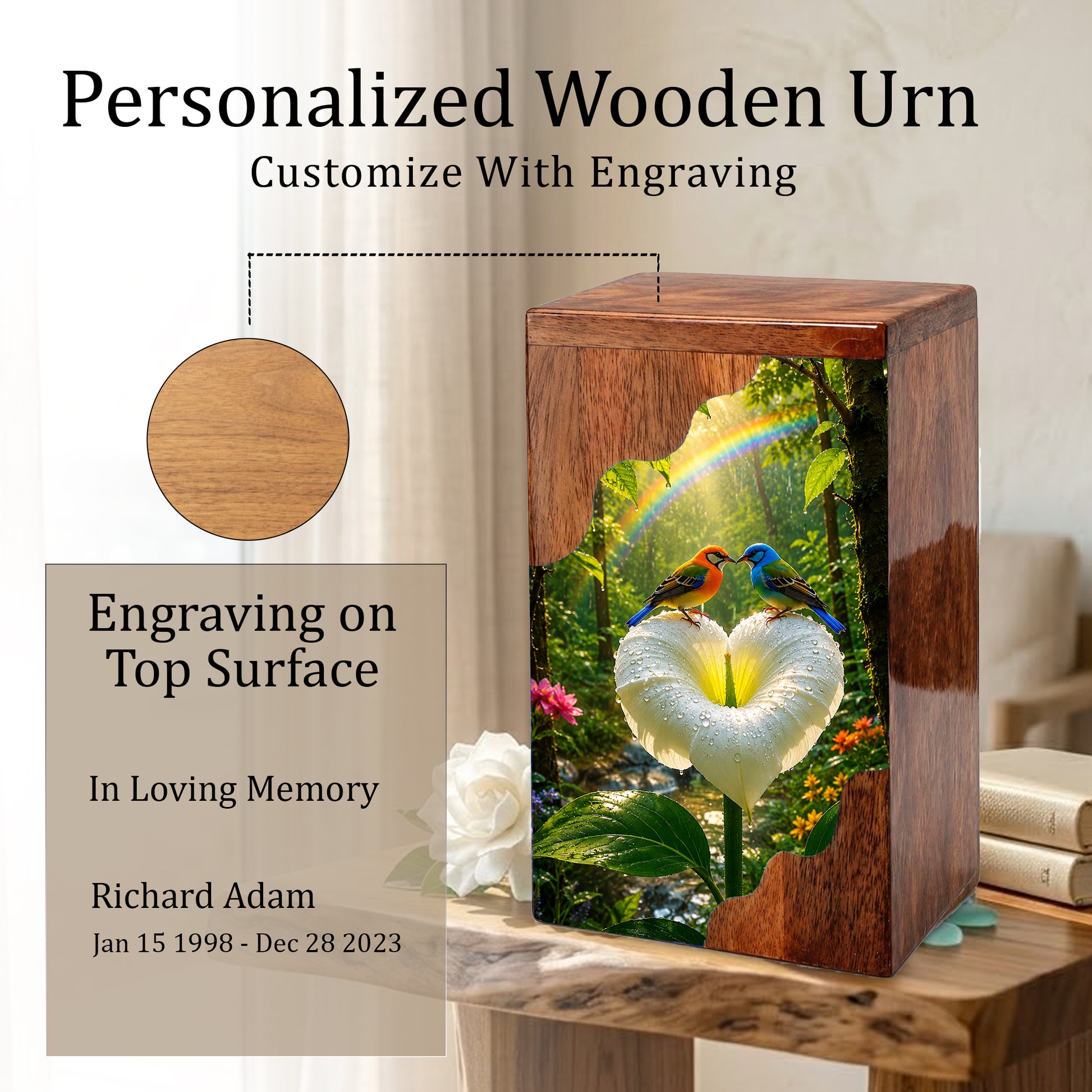 Rainbow Birds Wooden Cremation Urn – Personalized Memorial Urn for Human Ashes