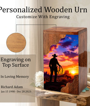 Cowboy Sunset Wooden Cremation Urn – Wooden Urn for Human Ashes