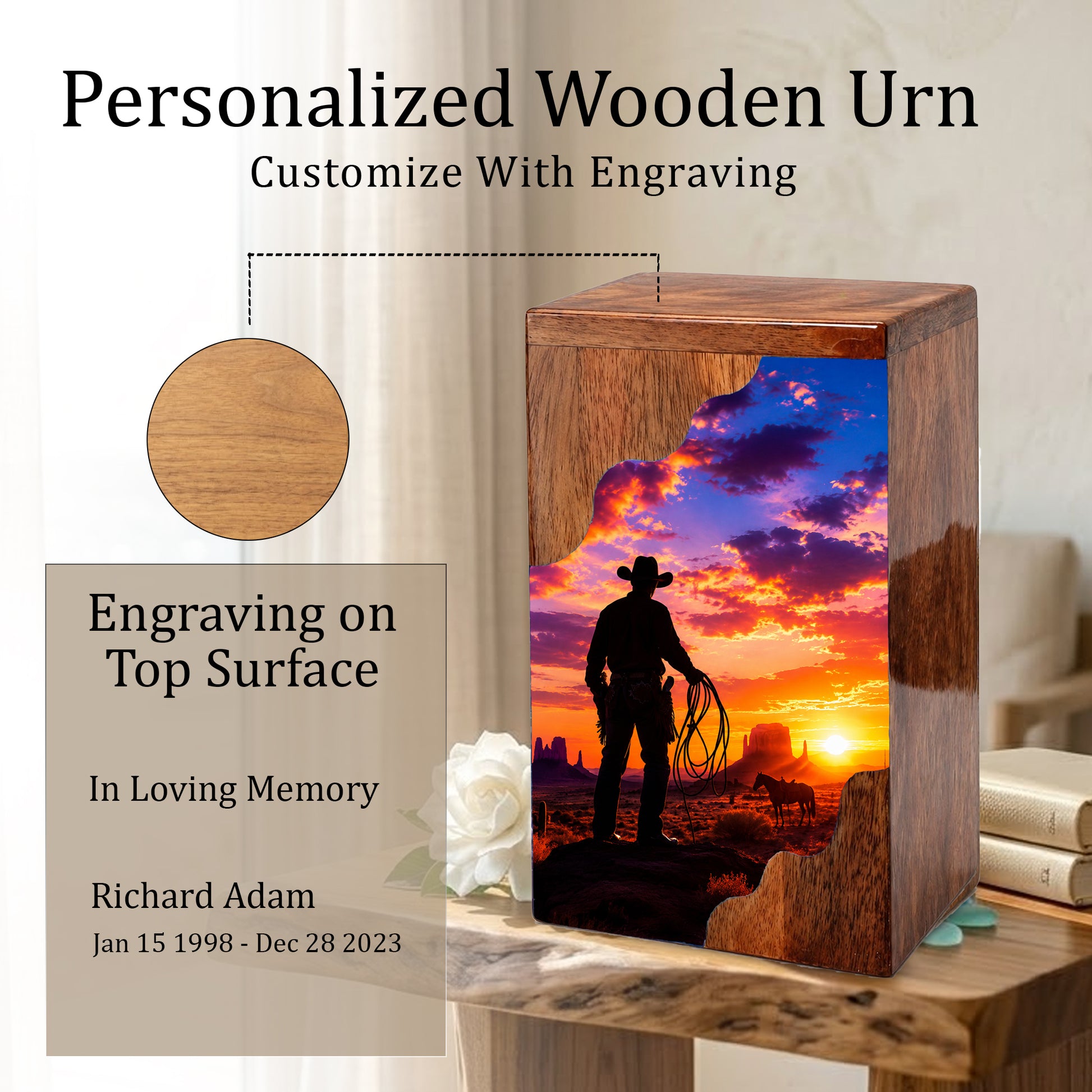 Cowboy Sunset Wooden Cremation Urn – Wooden Urn for Human Ashes