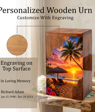 Paradise Wooden Cremation Urn – Beach Theme Wooden Urn for Human Ashes