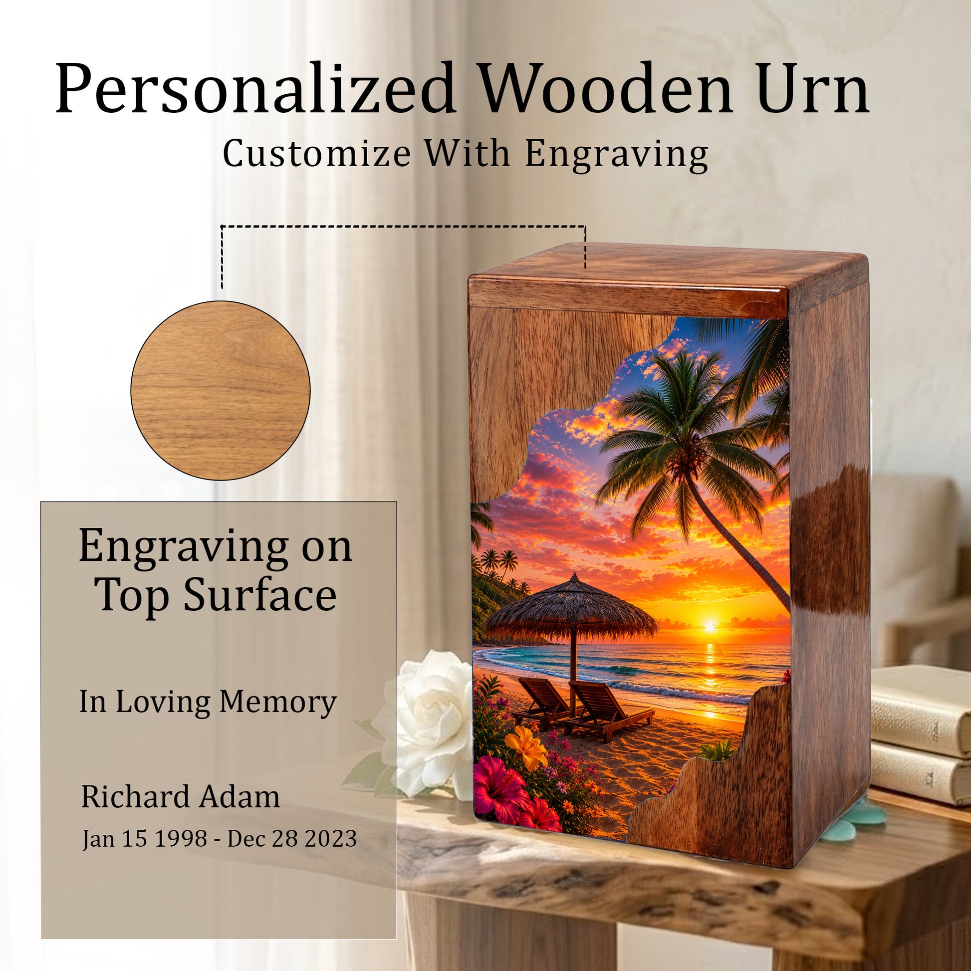 Paradise Wooden Cremation Urn – Beach Theme Wooden Urn for Human Ashes