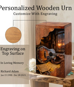 Music Wooden Cremation Urn – Guitar Memorial Urn | Rustic Wooden Urn for Human Ashes