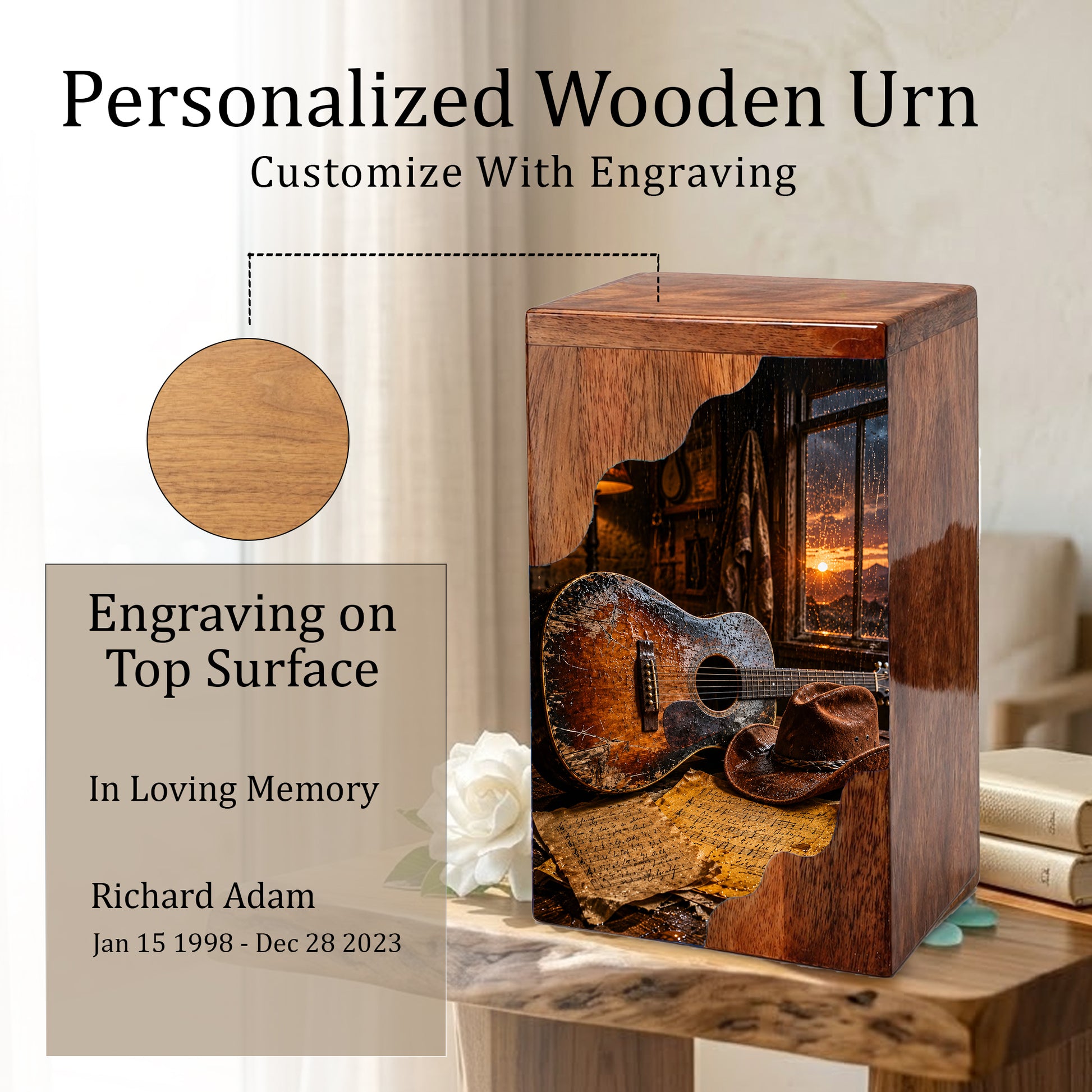Music Wooden Cremation Urn – Guitar Memorial Urn | Rustic Wooden Urn for Human Ashes