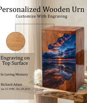 Beach Wooden Cremation Urn for Human Ashes | Ocean Sunset Memorial Urn