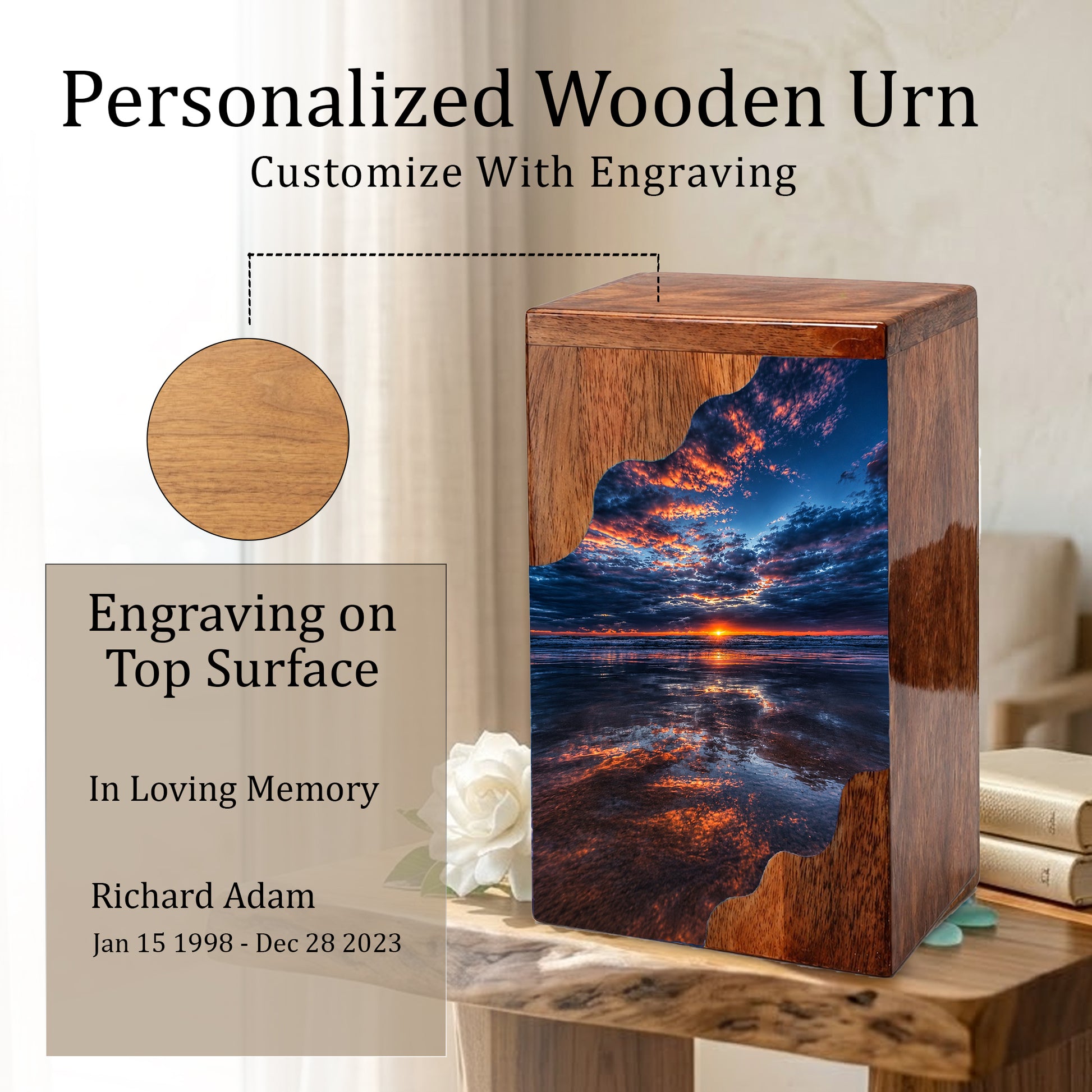Beach Wooden Cremation Urn for Human Ashes | Ocean Sunset Memorial Urn