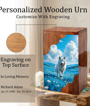 White Dog Wooden Cremation Urn – Personalized Pet Memorial Urn for Dog Ashes