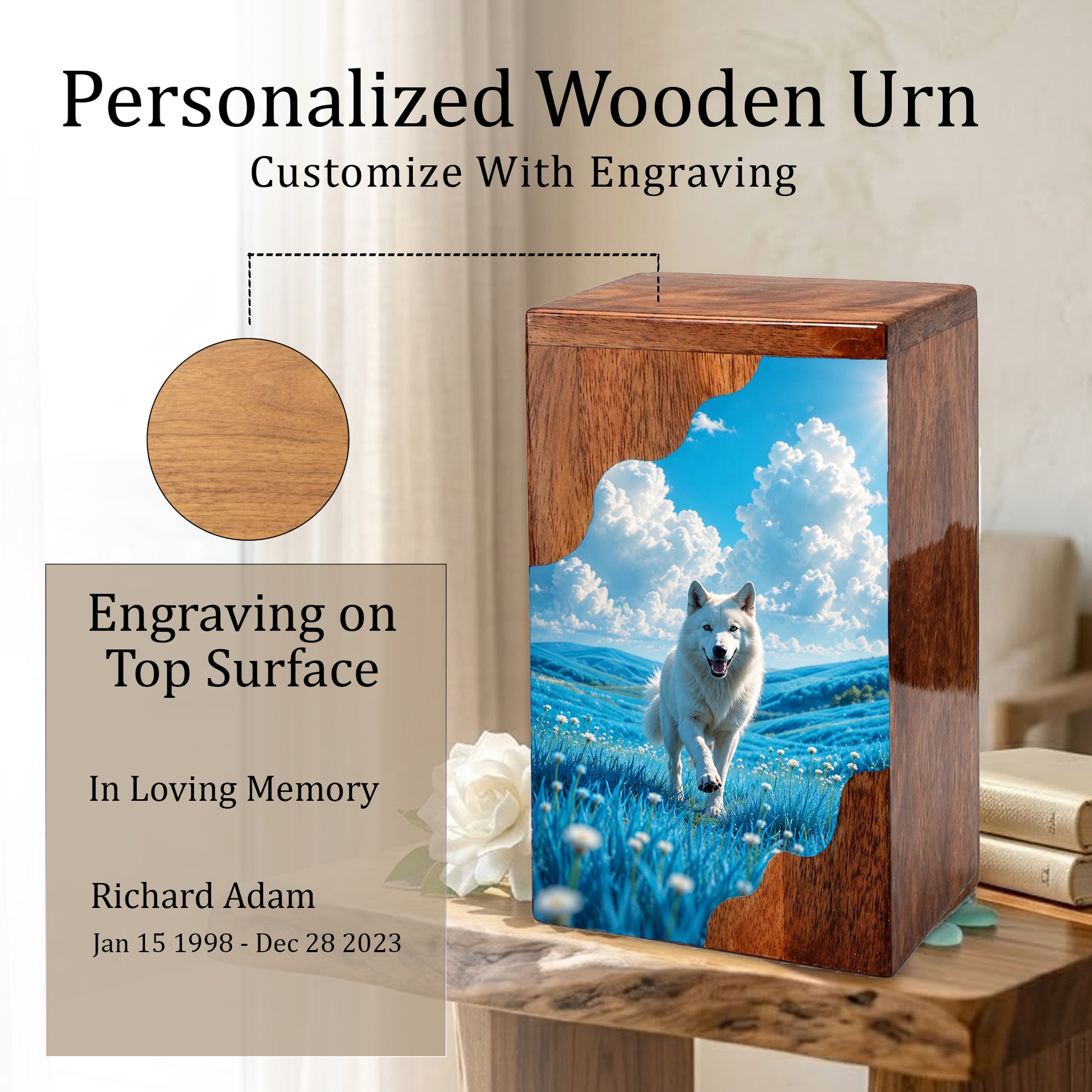 White Dog Wooden Cremation Urn – Personalized Pet Memorial Urn for Dog Ashes