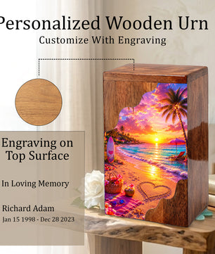Beach Wooden Cremation Urn – Tropical Sunset Memorial Urn | Wooden Urn for Human Ashes