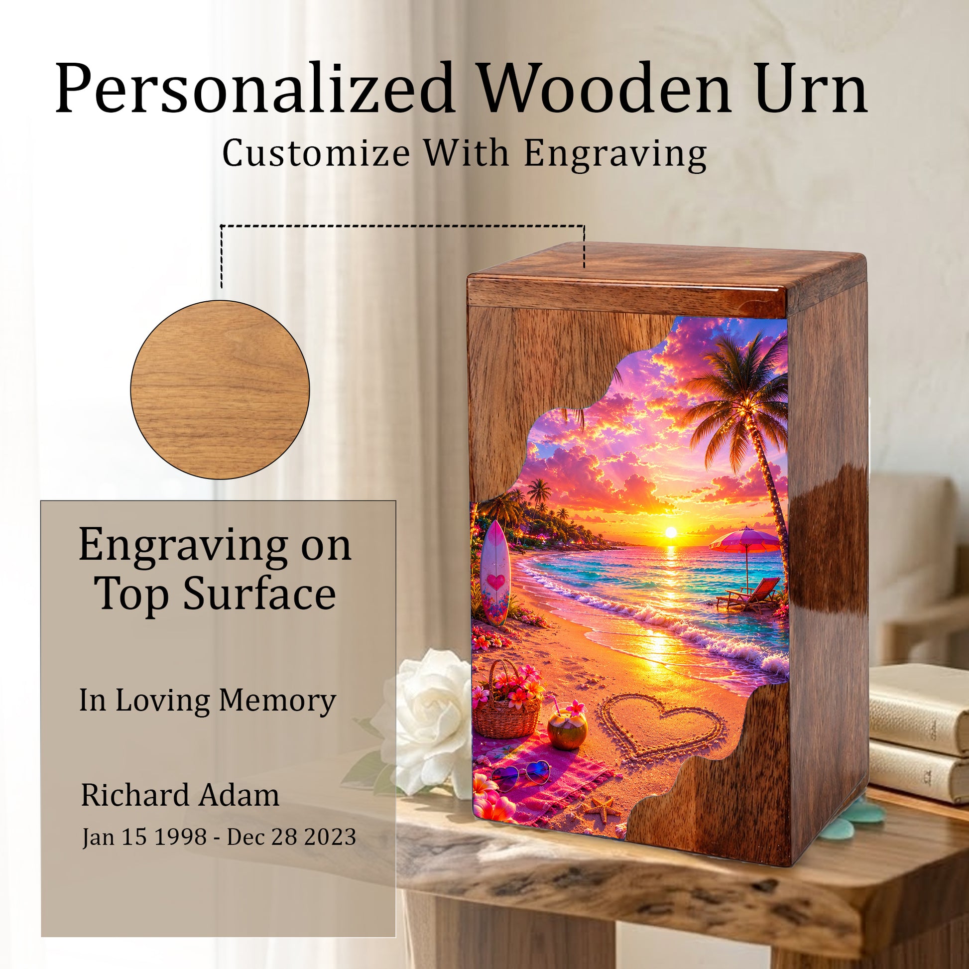 Beach Wooden Cremation Urn – Tropical Sunset Memorial Urn | Wooden Urn for Human Ashes
